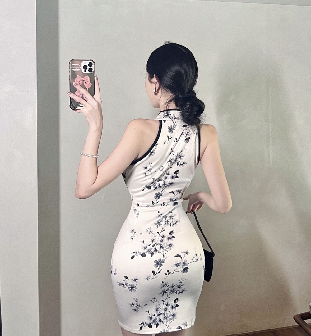 Printing retro sexy short dress light hollow slim cheongsam