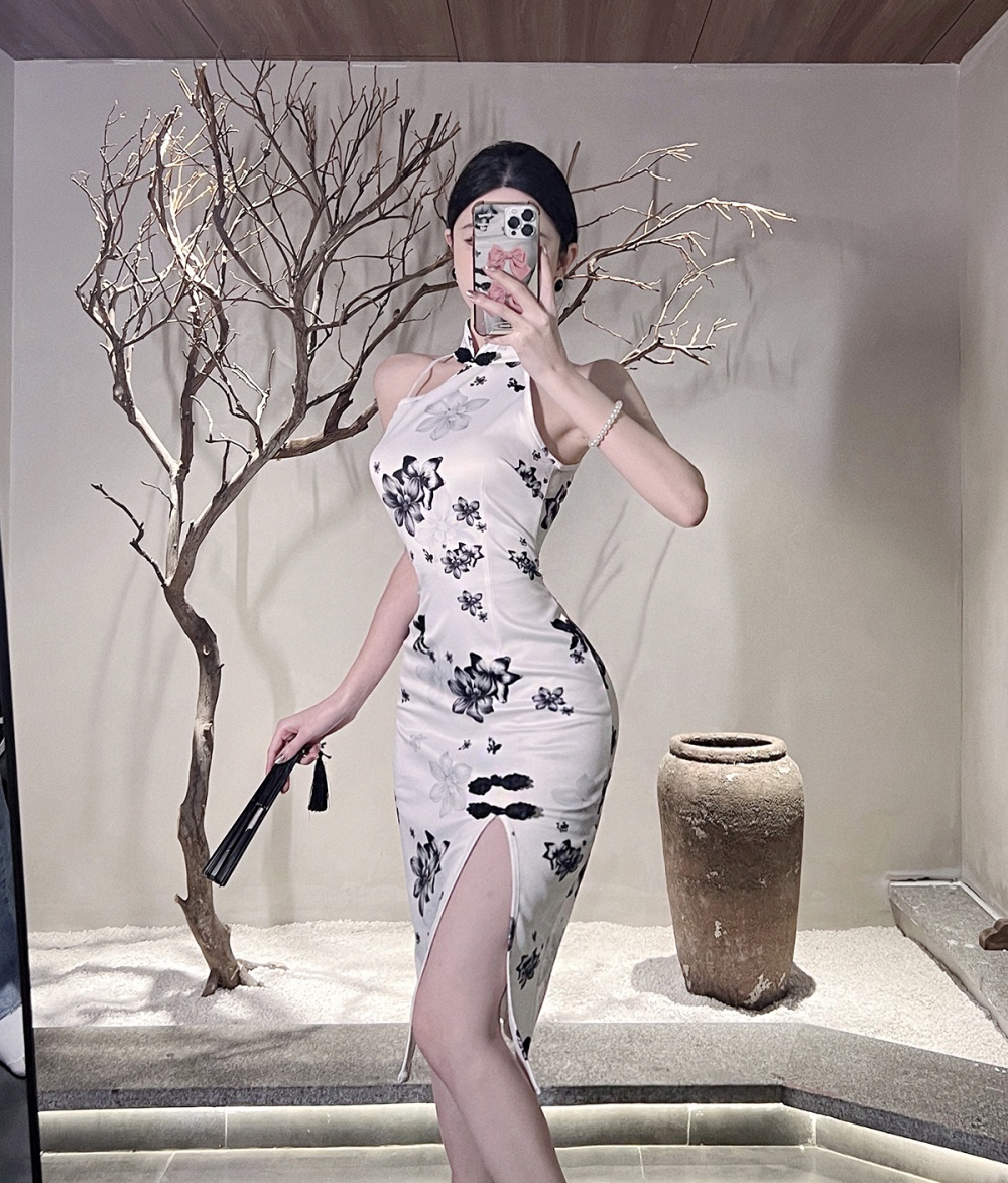 Retro printing elegant dress Chinese style slim cheongsam