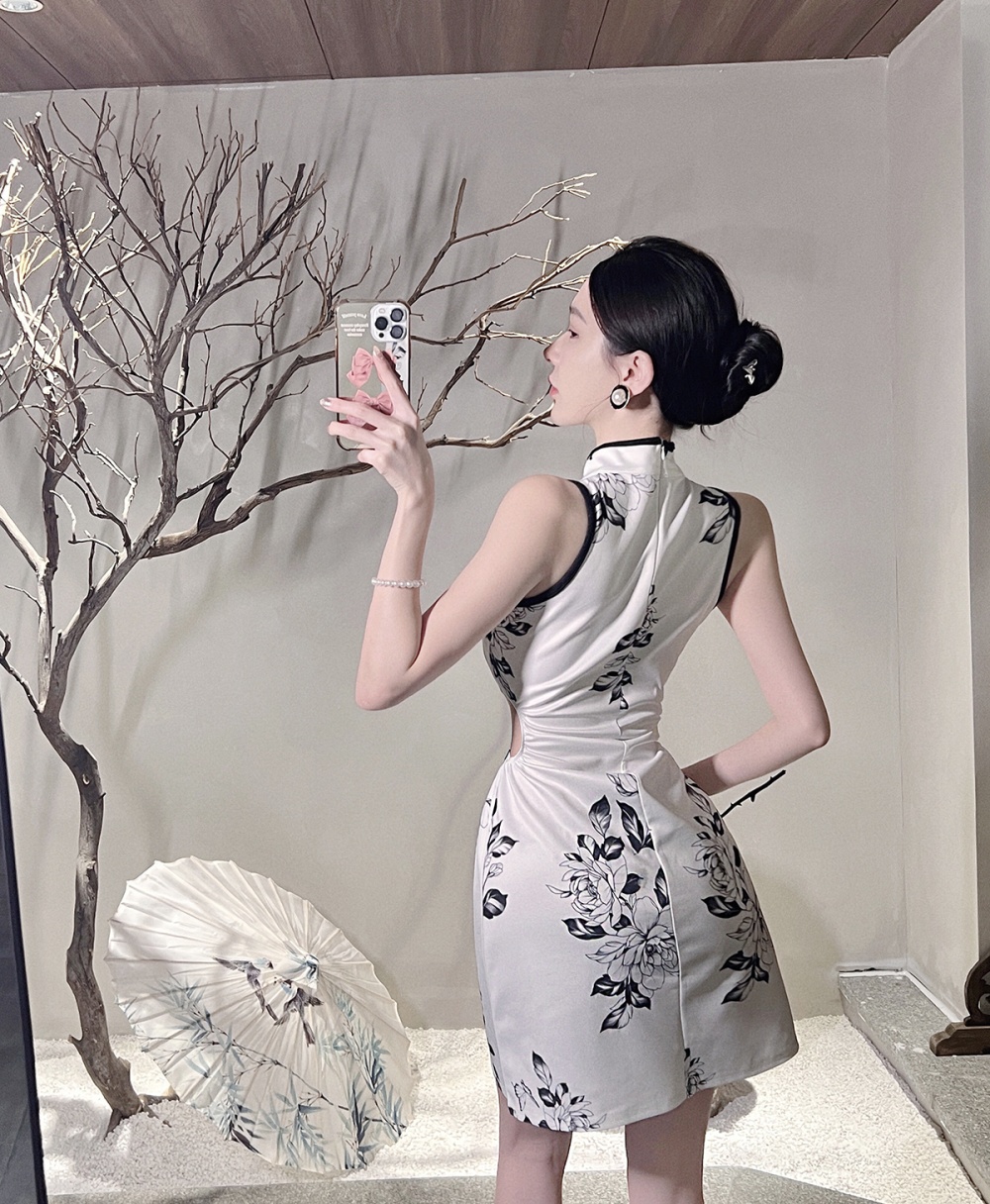 Short slim retro cheongsam printing light maiden dress