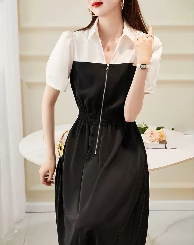 Zip lapel long dress short sleeve black and white dress