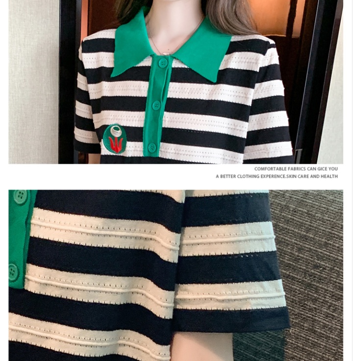 Sweet knitted short sleeve dress stripe summer long dress