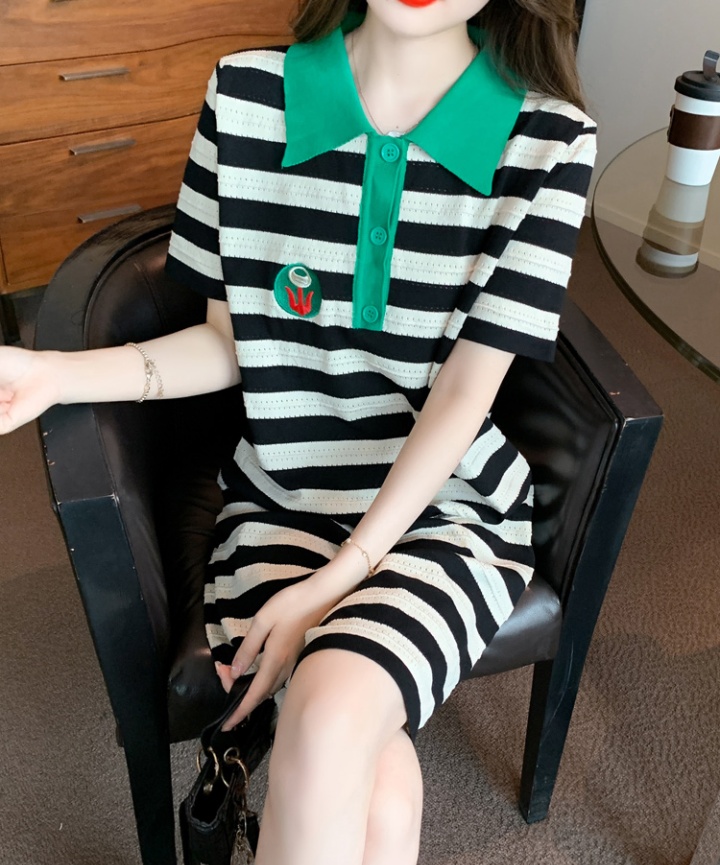 Sweet knitted short sleeve dress stripe summer long dress