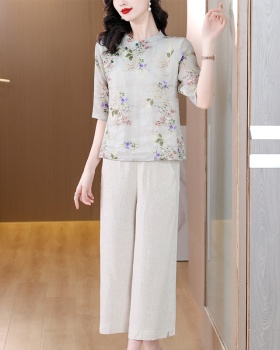 Cotton linen printing casual pants 2pcs set for women