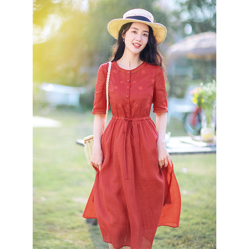 Temperament summer short sleeve red long dress for women