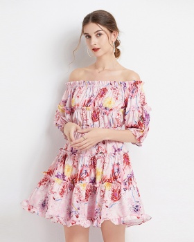 France style flat shoulder spring painting dress for women