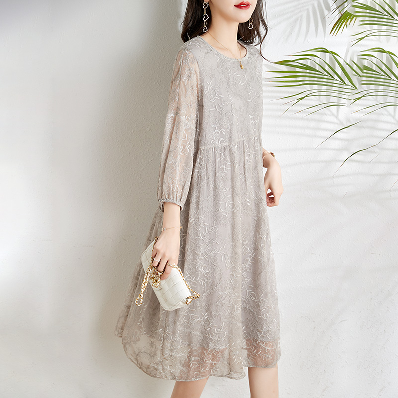 Real silk spring and summer long dress gray dress for women