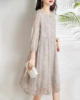 Real silk spring and summer long dress gray dress for women