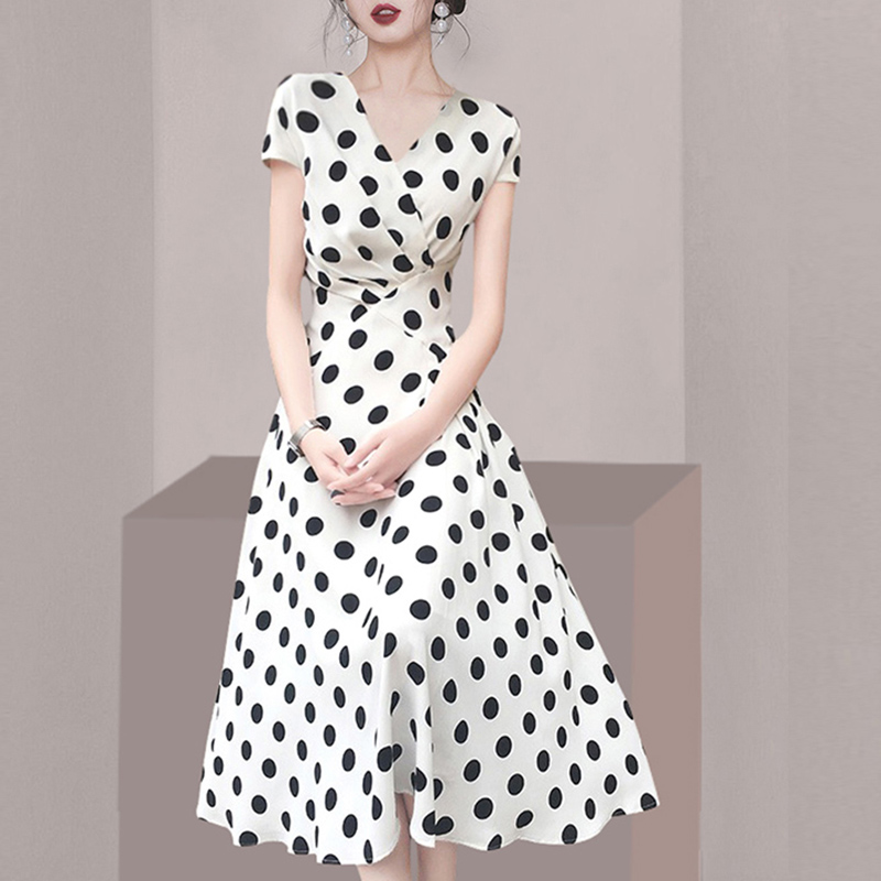 Pinched waist polka dot France style summer dress