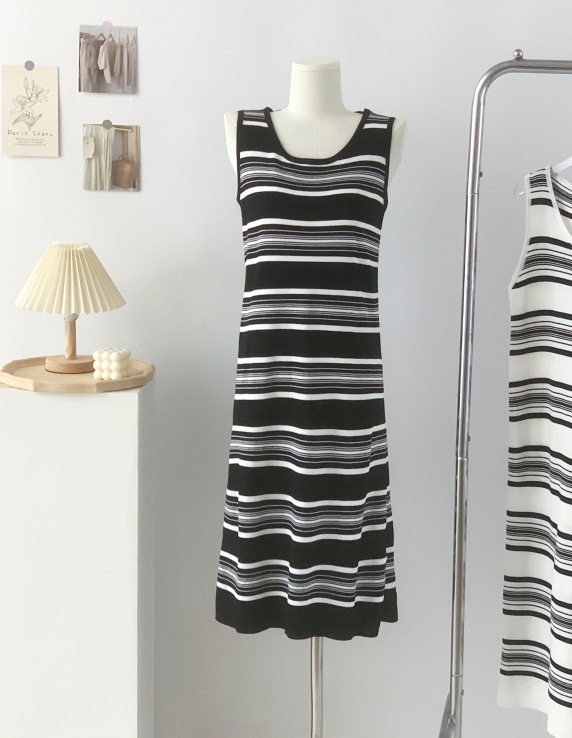 Summer knitted long dress slim stripe dress for women
