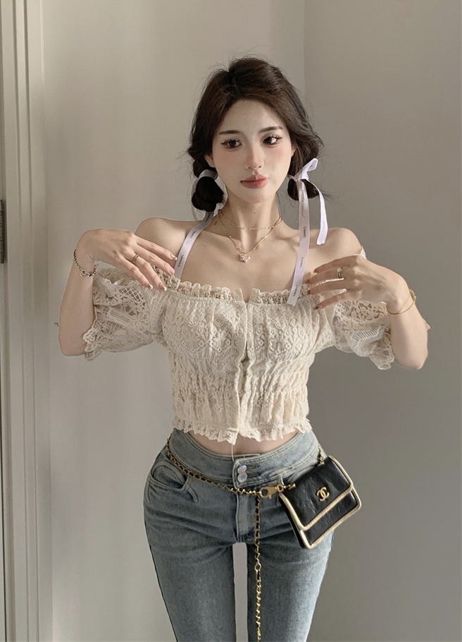 Court style France style tops lace short sleeve T-shirt