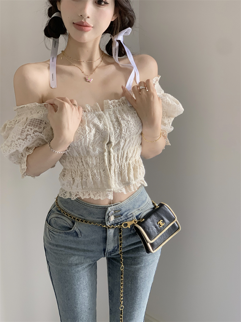 Court style France style tops lace short sleeve T-shirt