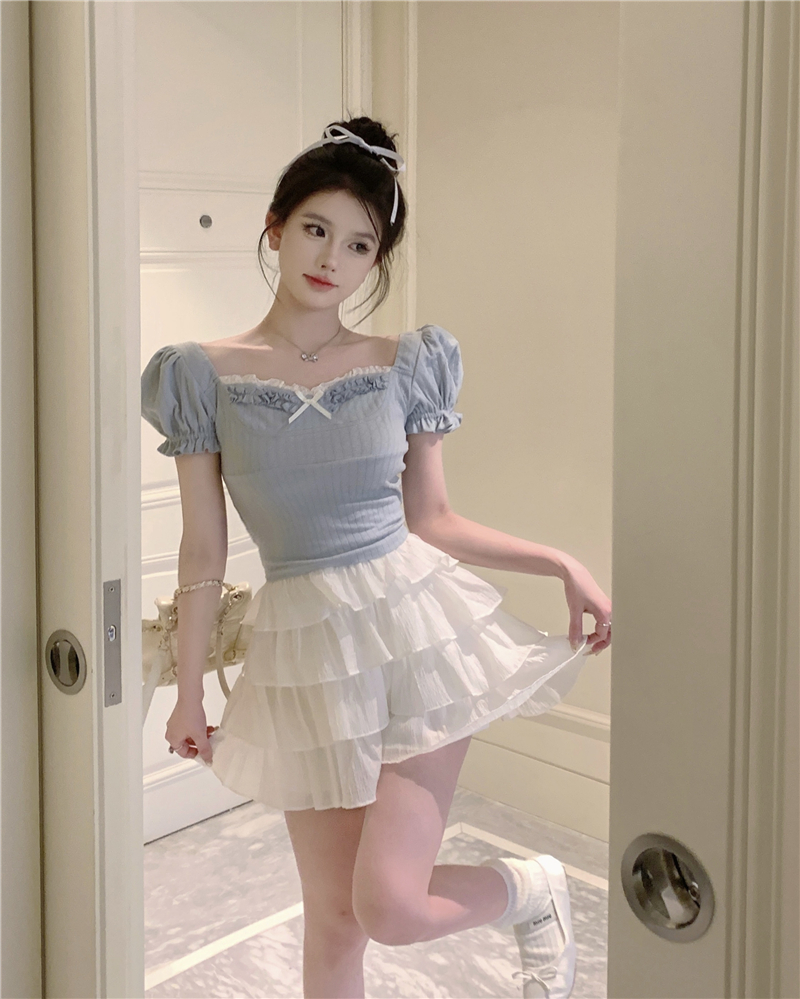 Puff sleeve maiden sweet short sleeve lace bow T-shirt