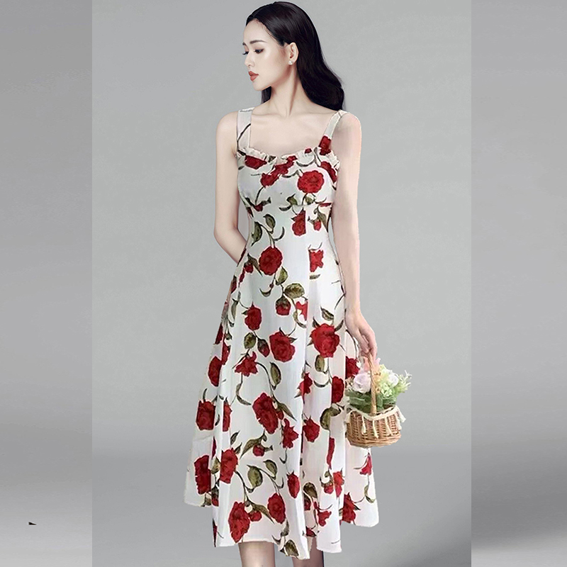 Rose seaside floral dress France style sling long dress