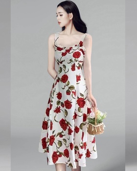 Rose seaside floral dress France style sling long dress
