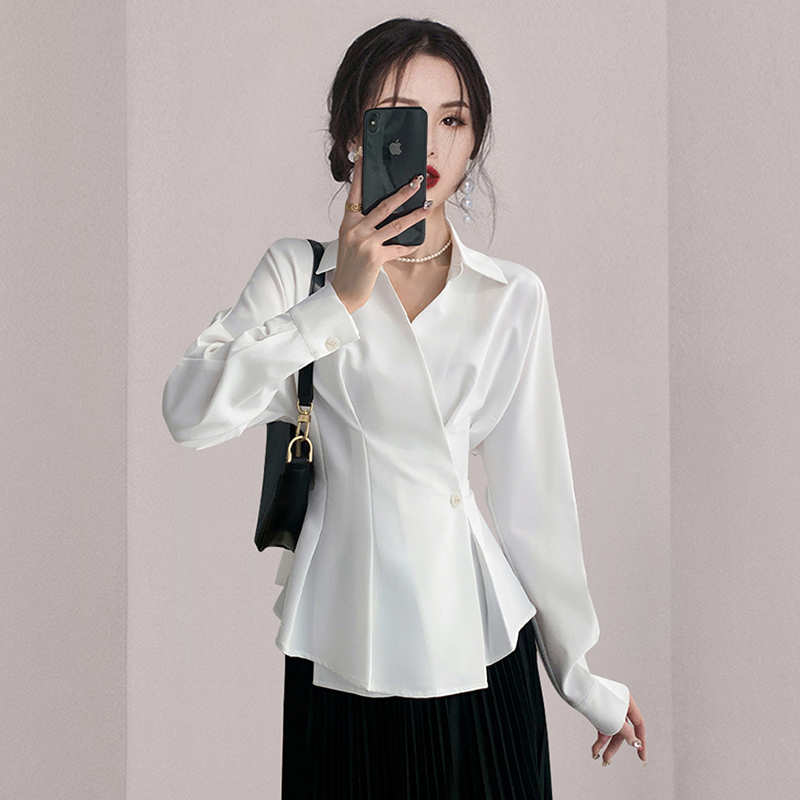 Pinched waist tops white shirt for women