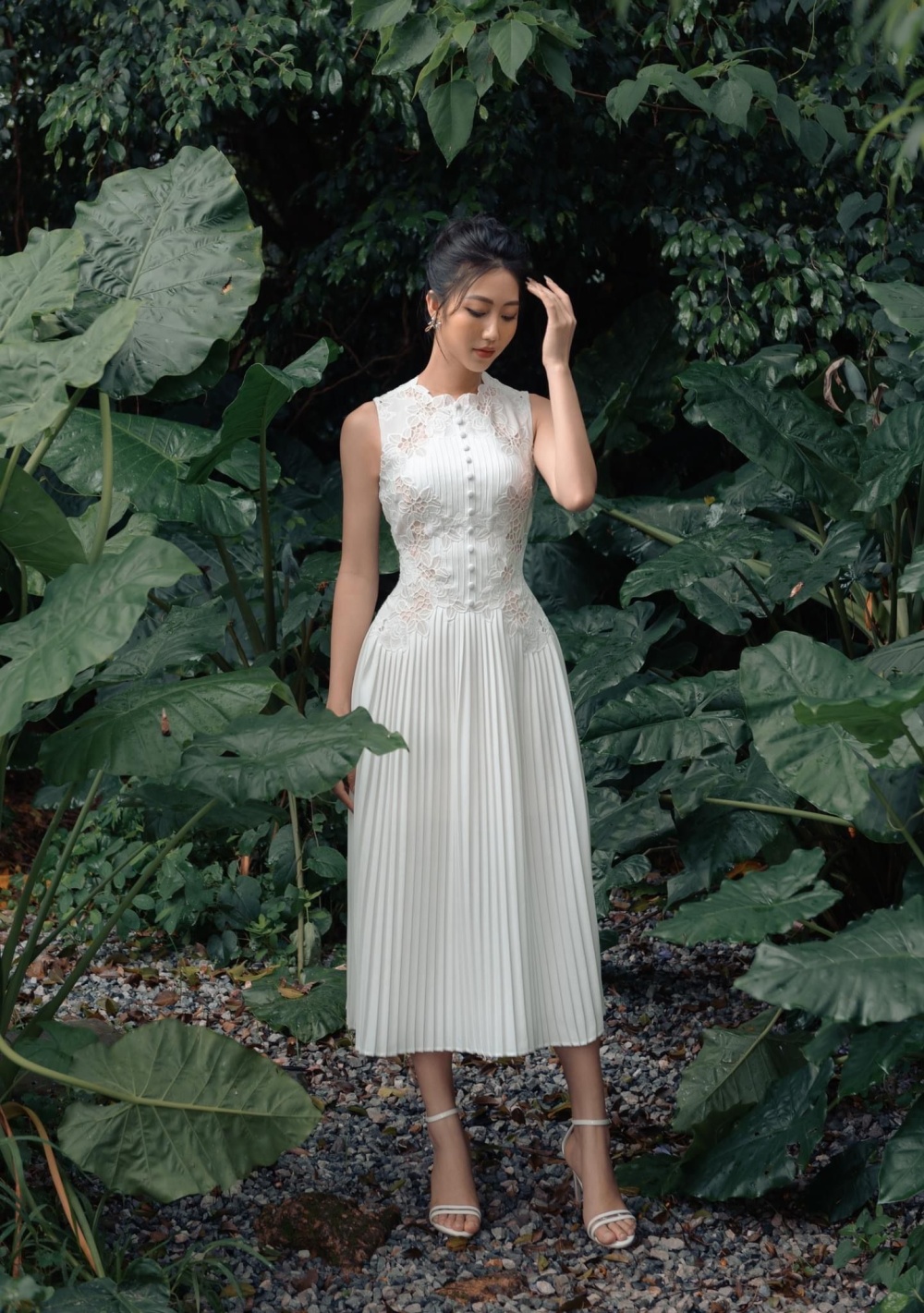 Lace short sleeve aesthetic white rose long dress