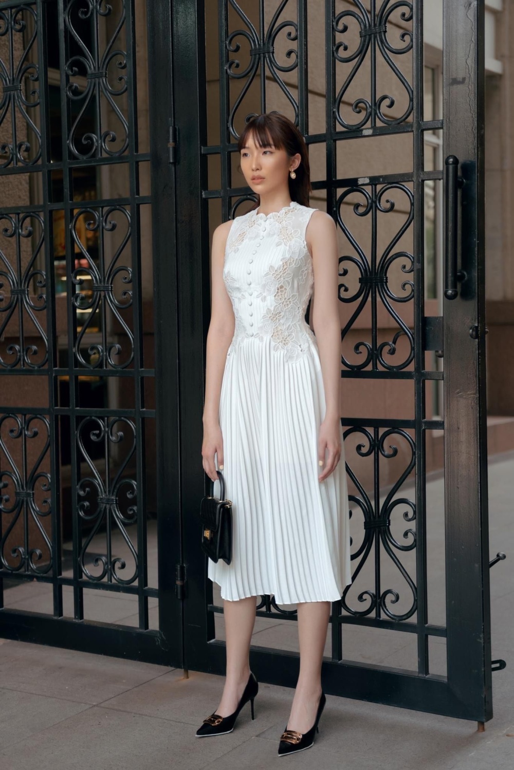 Lace short sleeve aesthetic white rose long dress