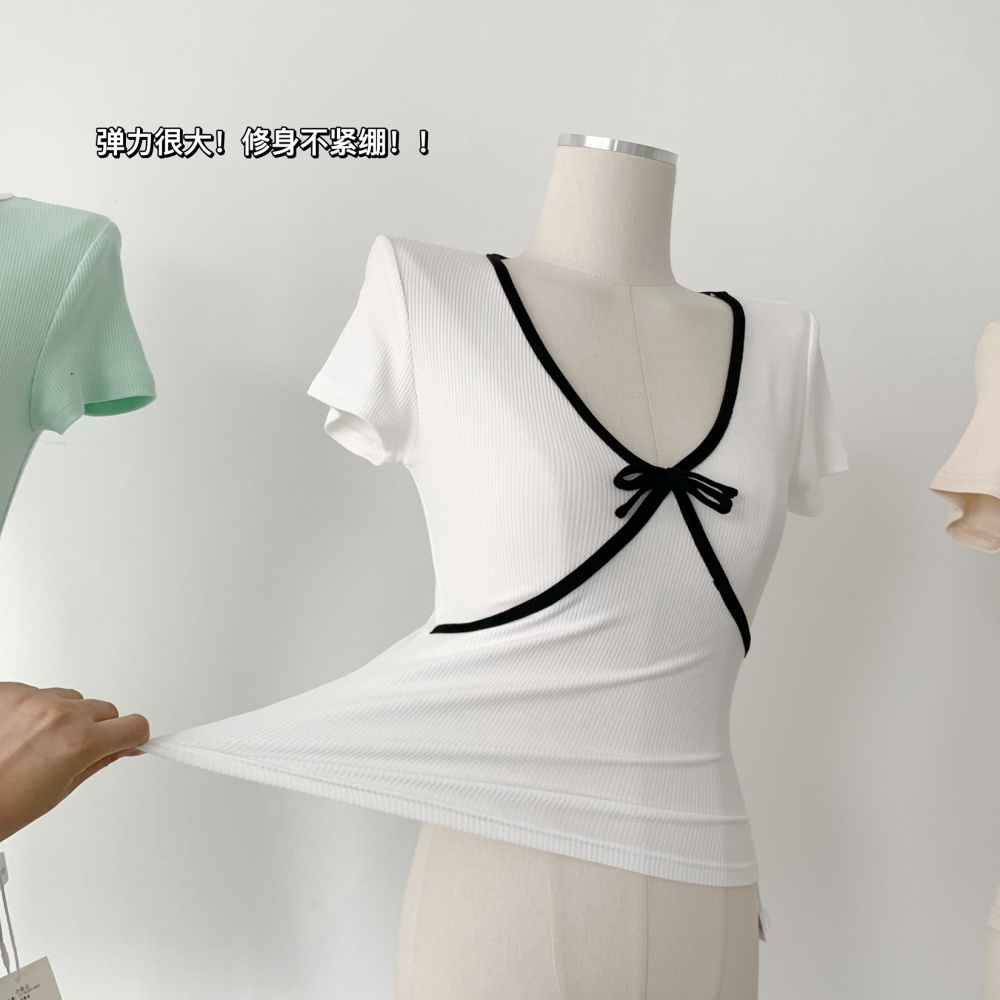 France style short sleeve bow splice mixed colors T-shirt