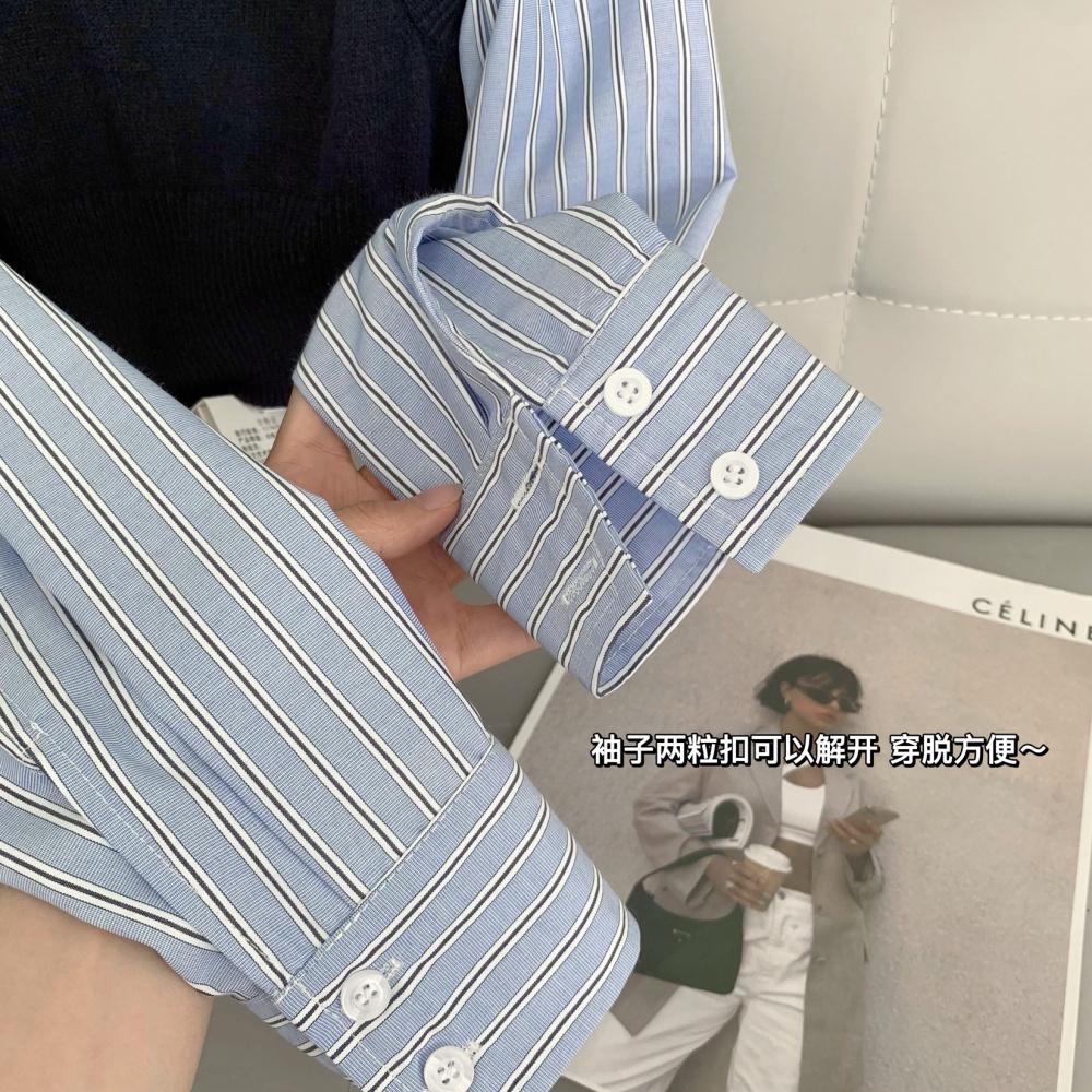 Short stripe shirt embroidery Korean style tops