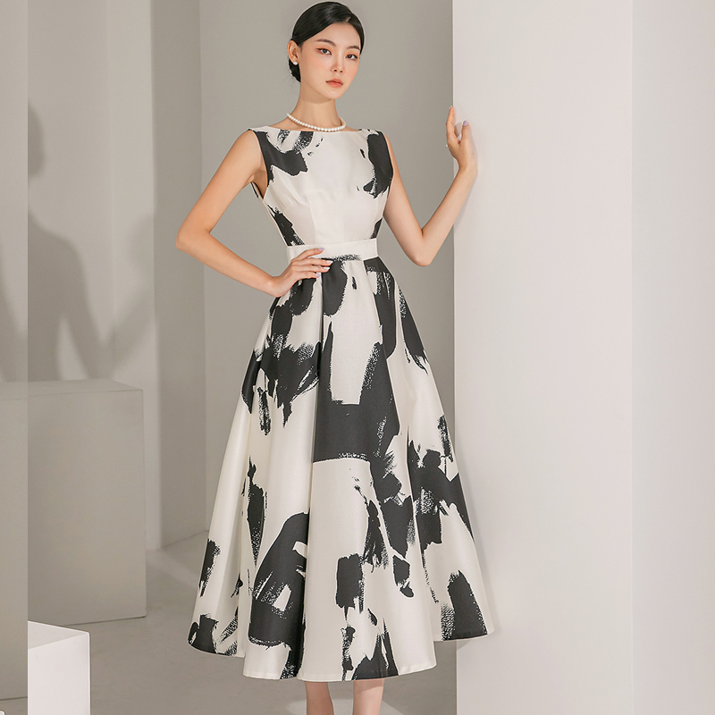 Printing floral black-white slim Korean style light dress