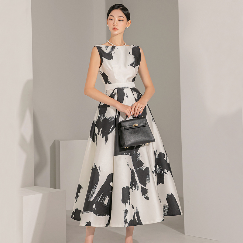 Printing floral black-white slim Korean style light dress