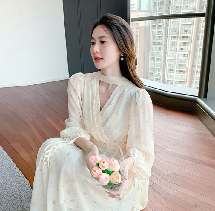 Puff sleeve V-neck dress temperament floral long dress