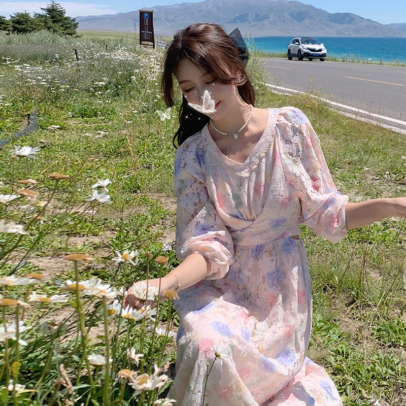 Retro Korean style temperament V-neck floral fat dress