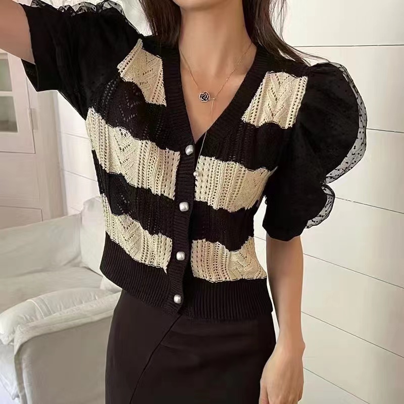 Elegant splice short sleeve sweater gauze France style tops