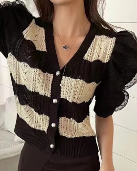 Elegant splice short sleeve sweater gauze France style tops