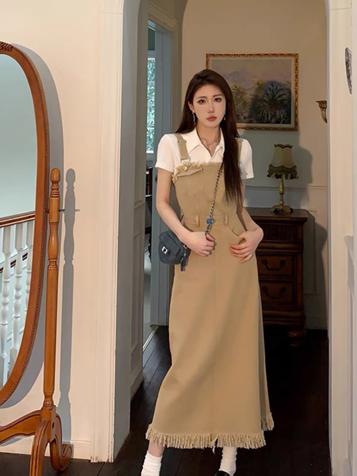 High waist slim long skirt strap tassels dress for women
