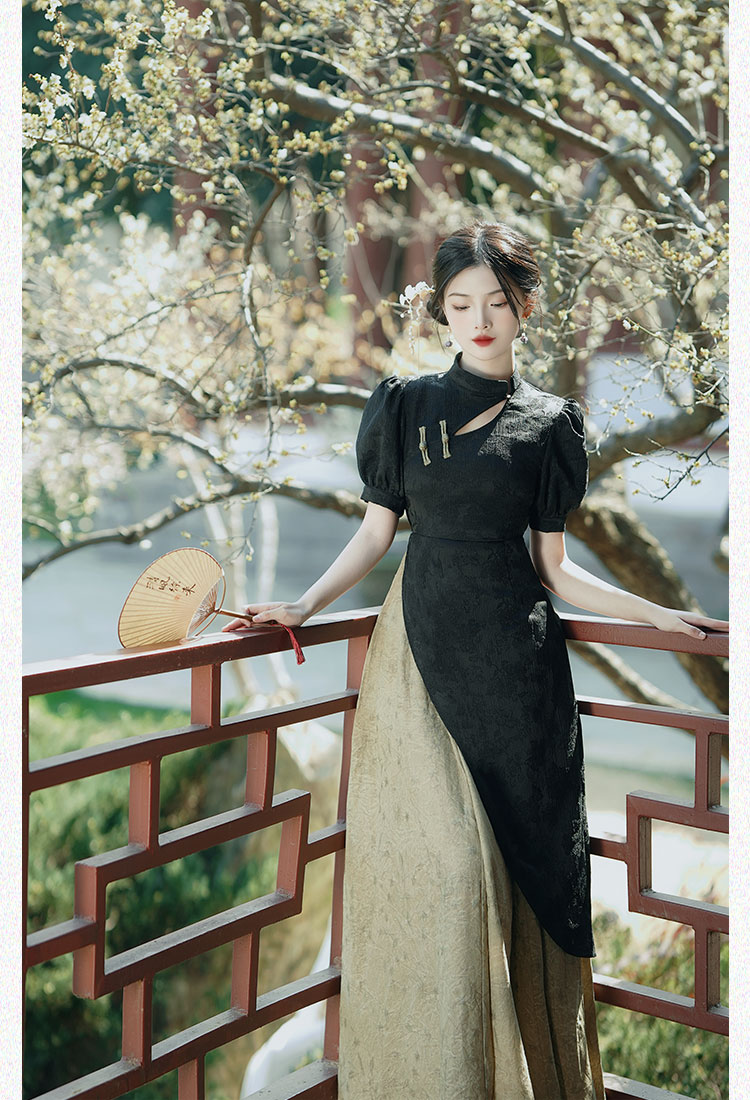 Pseudo-two ink jacquard Chinese style dress