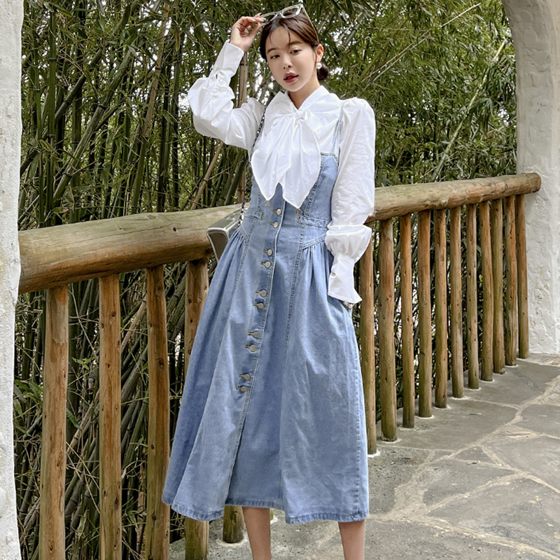 Sling bow denim shirt temperament Korean style dress a set