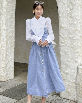 Sling bow denim shirt temperament Korean style dress a set