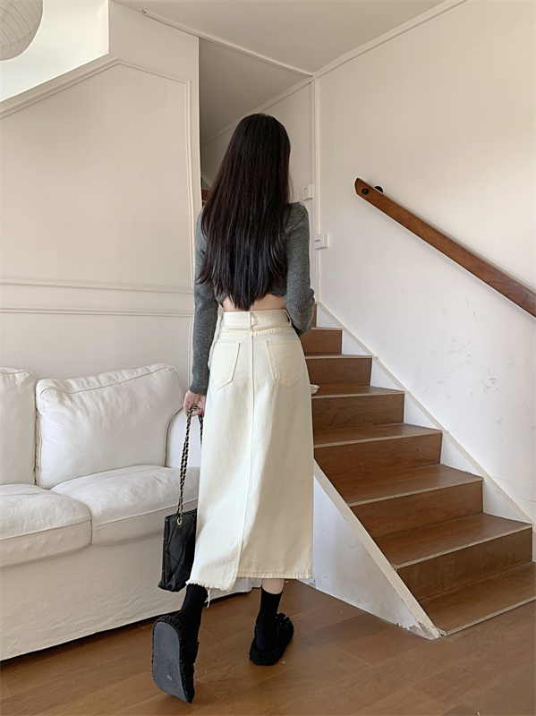 Spring and summer long denim skirt high waist split skirt