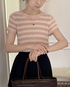 Mixed colors round neck tops summer sweater for women