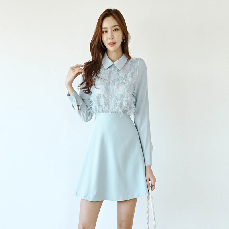 Pseudo-two lace Korean style temperament shirt collar dress
