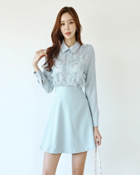 Pseudo-two lace Korean style temperament shirt collar dress