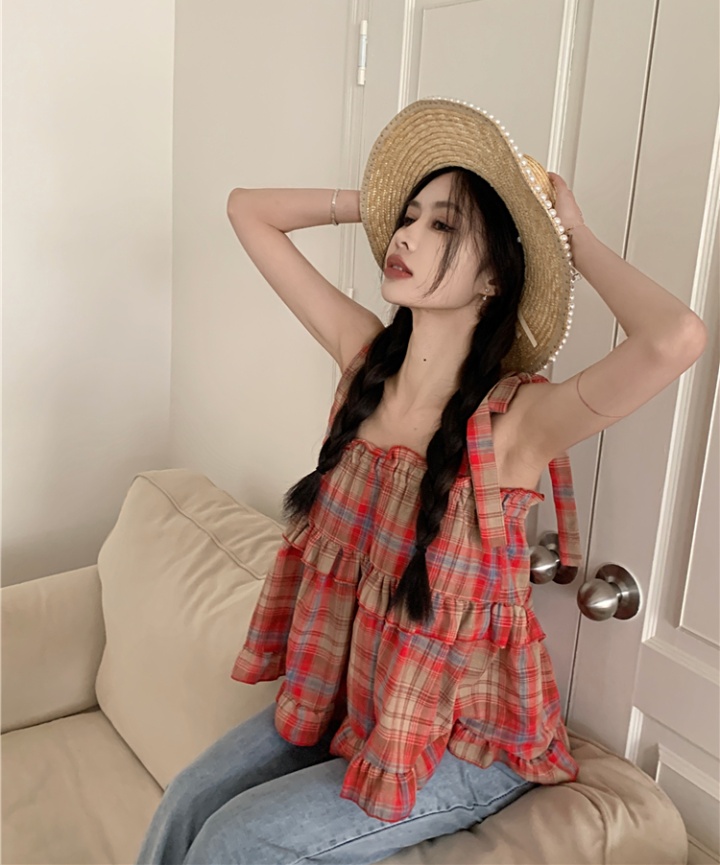 Plaid all-match bandage sling Korean style summer tops