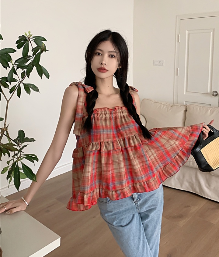 Plaid all-match bandage sling Korean style summer tops