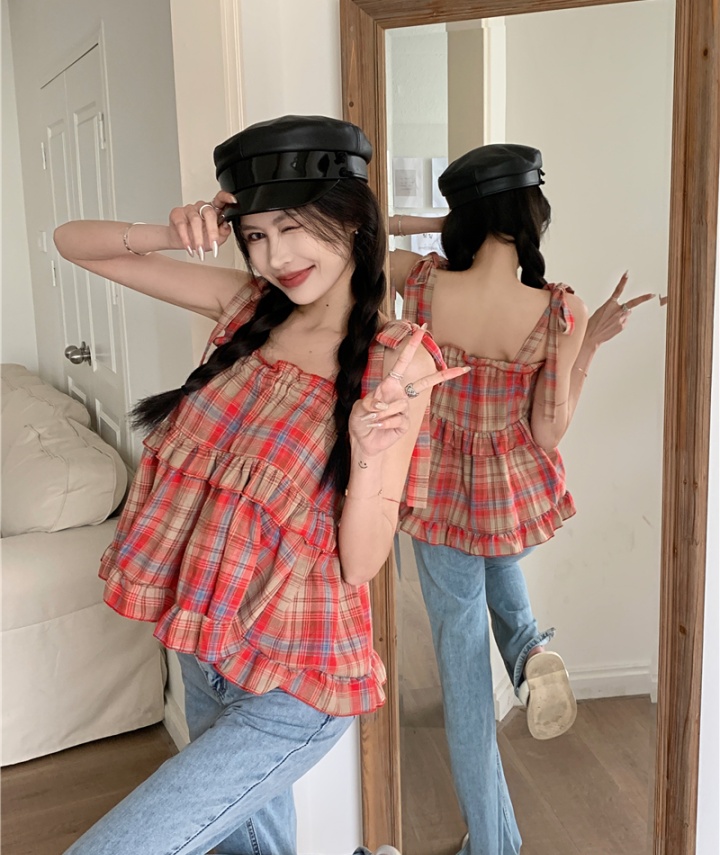 Plaid all-match bandage sling Korean style summer tops