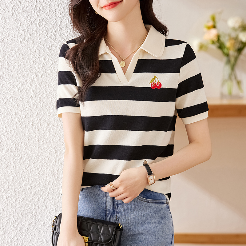 Stripe knitted lapel all-match short sleeve summer T-shirt