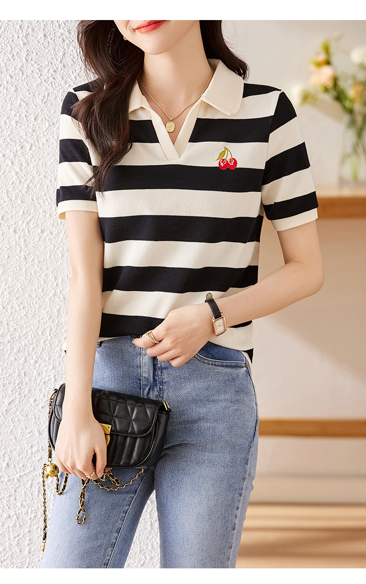 Stripe knitted lapel all-match short sleeve summer T-shirt