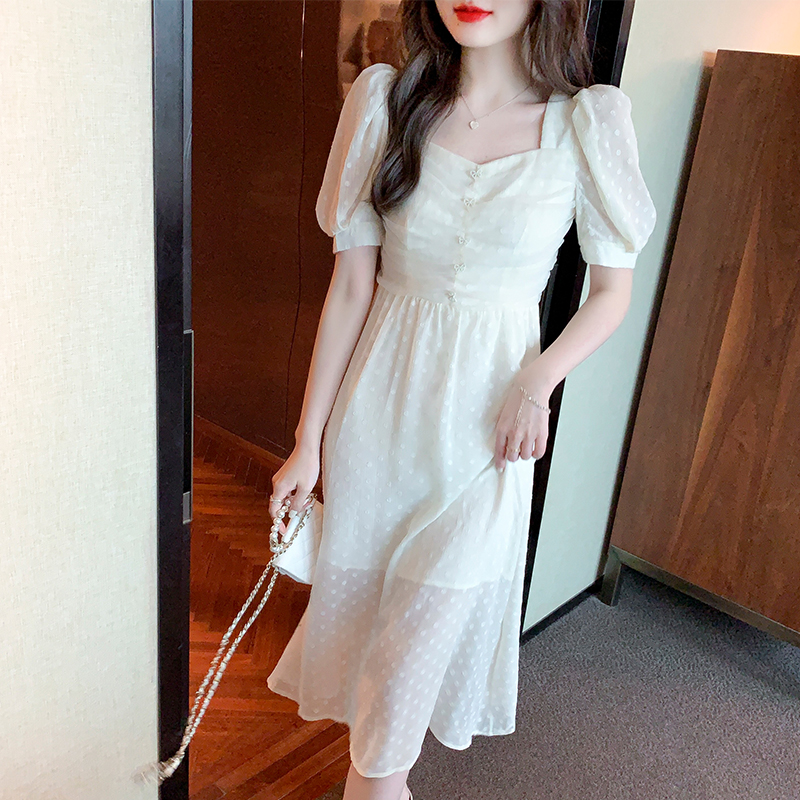 Puff sleeve slim France style dress for women
