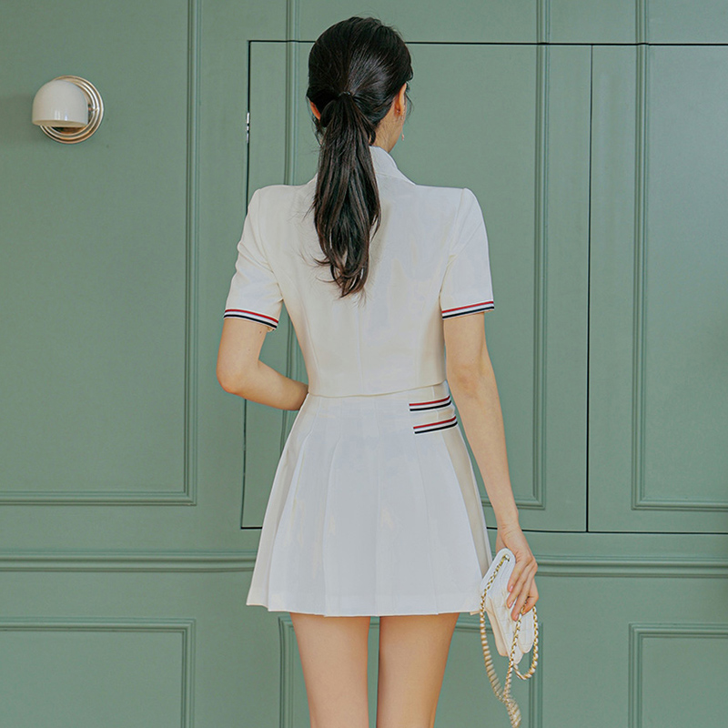Short sleeve ribbon business suit pleated skirt 2pcs set