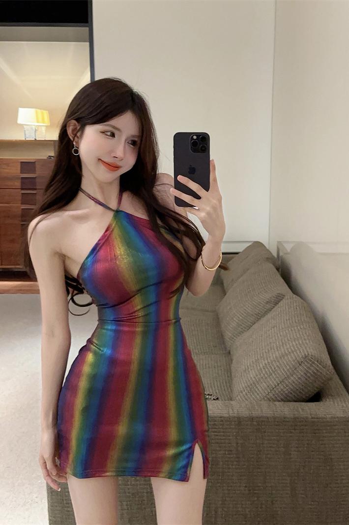 Strapless halter colorful rainbow spicegirl sexy slim dress