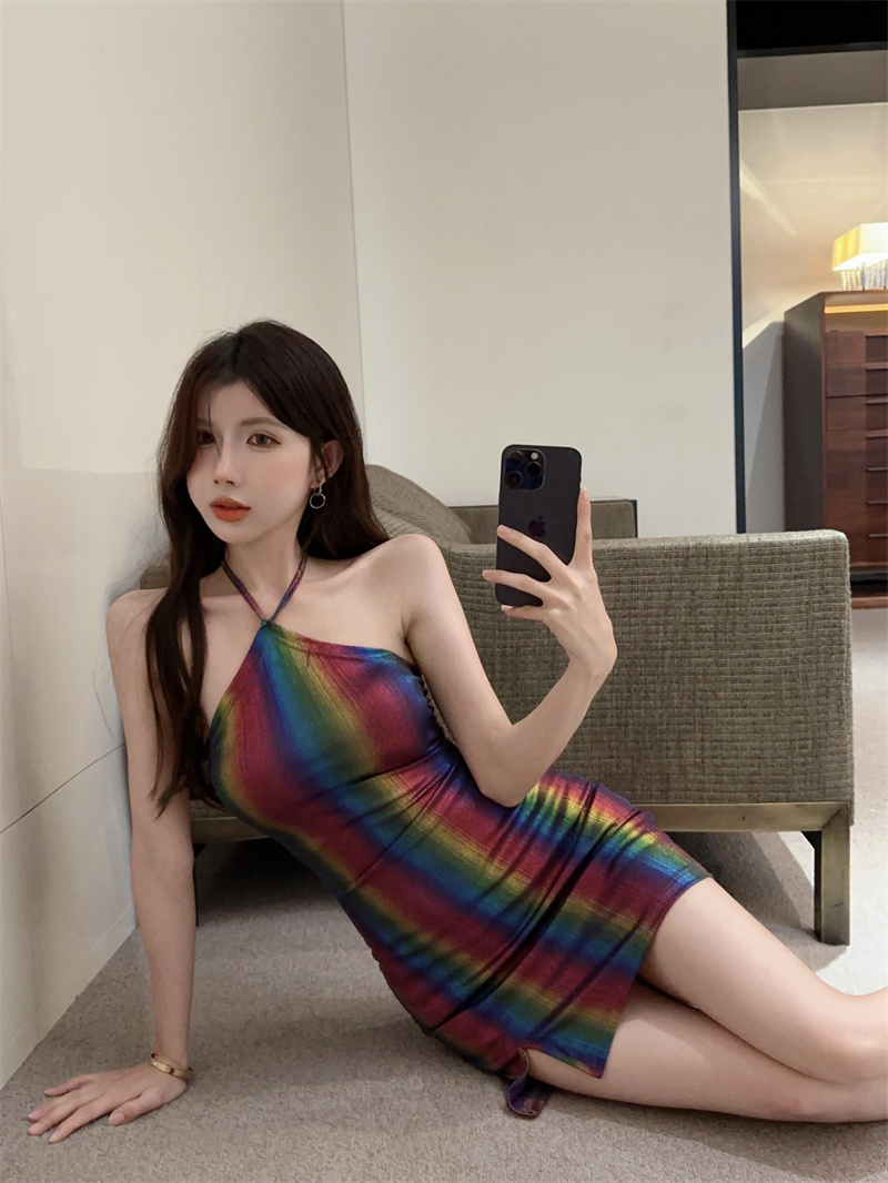Strapless halter colorful rainbow spicegirl sexy slim dress