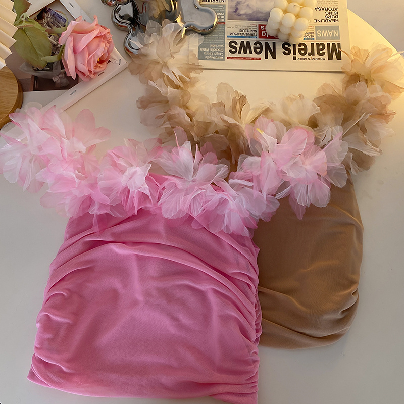Horizontal collar petal stereoscopic vest gauze pink tops