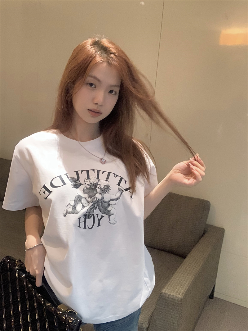 Loose printing small angel white T-shirt for women