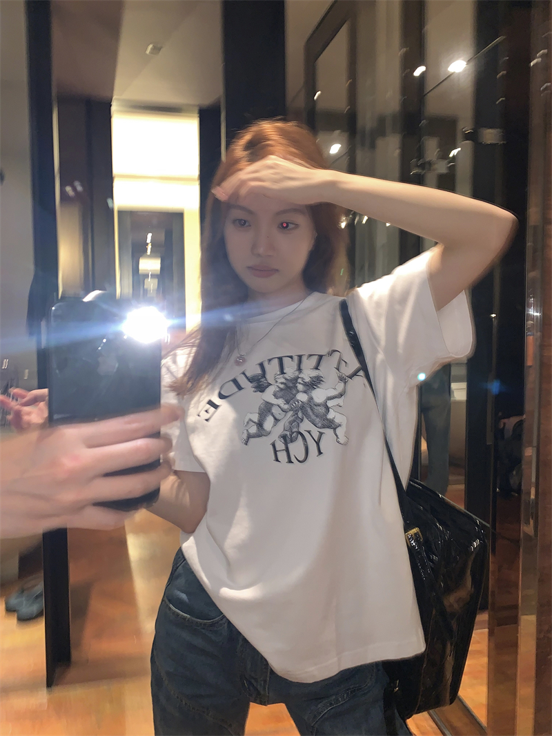 Loose printing small angel white T-shirt for women