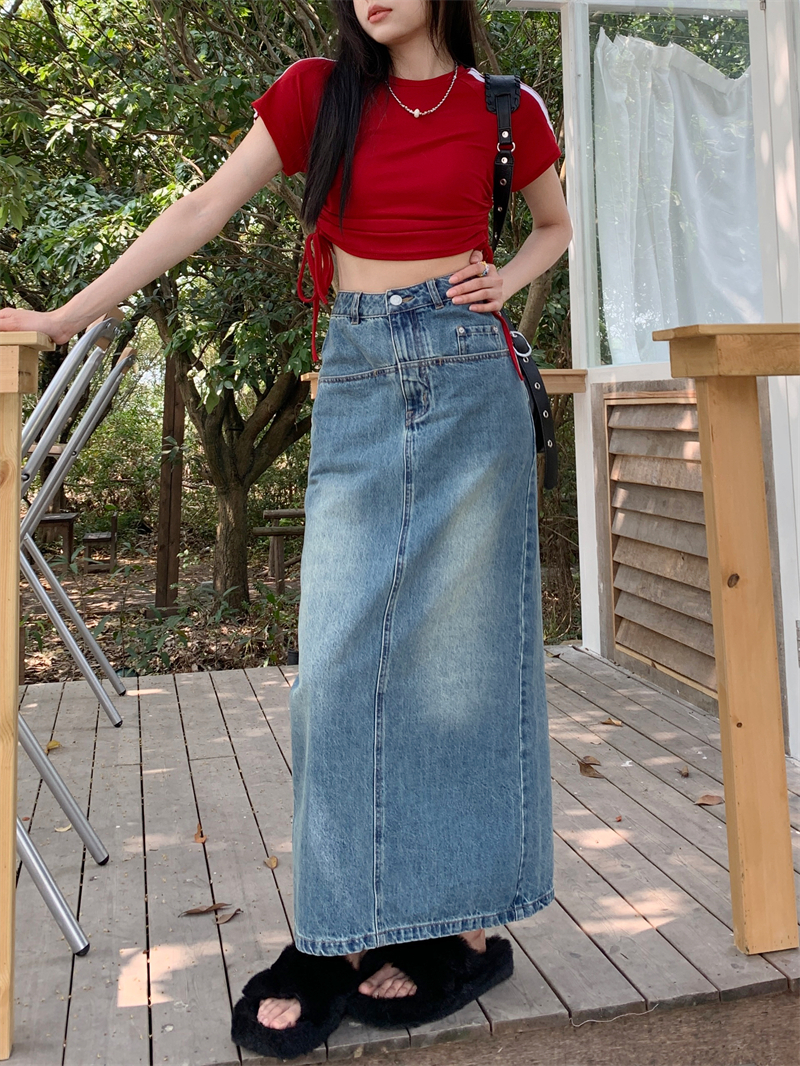 Retro high waist long short skirt washed denim skirt